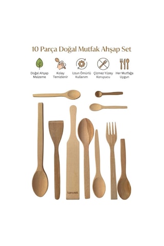 Kamptek 10 Parça Doğal Ahşap Mutfak Seti - Sağlıklı Kaşık, Spatula, Çatal Yemek Pişirme Seti Çeyiz Seti