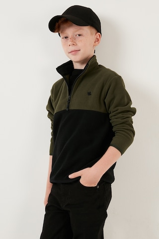 Lela Yumuşak Dokulu Yarım Fermuarlı Renk Bloklu Dik Yaka Unisex Çocuk Polar 5905004 Haki-Siyah