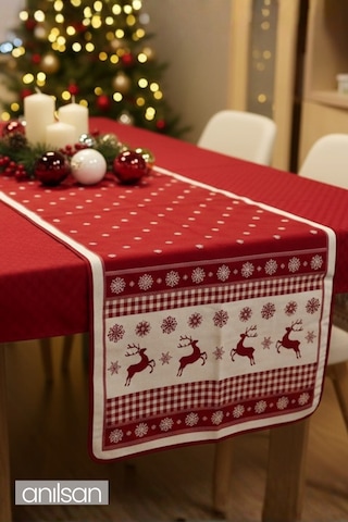 Kırmızı Noel Desenli Masa Runner Geyik Ve Kar Tanesi Yılbaşı Masa Örtüsü 50x160 Kırmızı