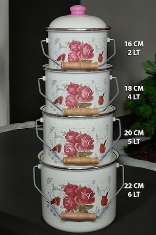 Nishev Zarif İtalyan Ebru Emaye Yoğurt, Tahıl, Bakliyat Tencere Seti Emaye Bakraç