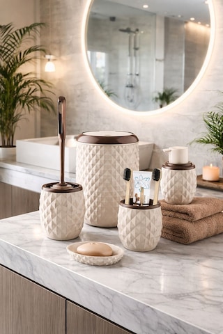 Decorev Geometrik Desenli Krem Banyo Aksesuar Seti – 5 Parça