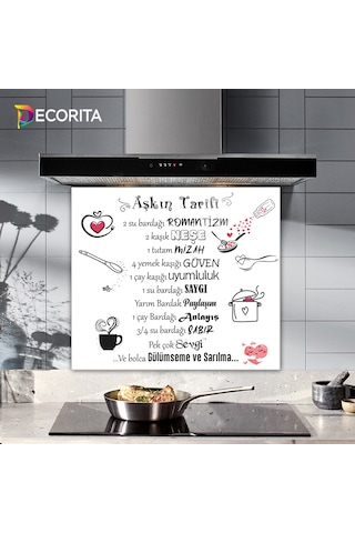 Cam Ocak Arkası Koruyucu Aşkın Tarifi Beyaz Fon 52cm X 60cm