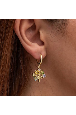 Kenpazar Gümüş Gold Renkli Taşlı Hayat Ağacı Kadın Küpe Gümüş