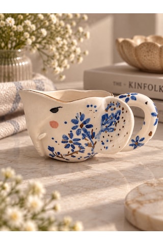 Floral Fil Kupa El Yapımı Seramik Altın - Mavi