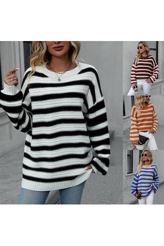 Tongxida White Knit Cardigan For Plus Size Women, Fall/winter, Striped, Loose Fit, Round Neck, Long Sleeve Beyaz