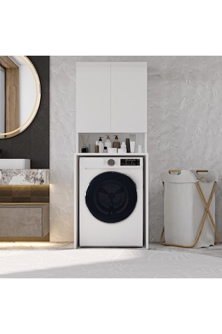 Mobilya Çamaşır Makinesi Dolabı 3 Raflı Kapaklı Banyo Dolabı Beya Beyaz