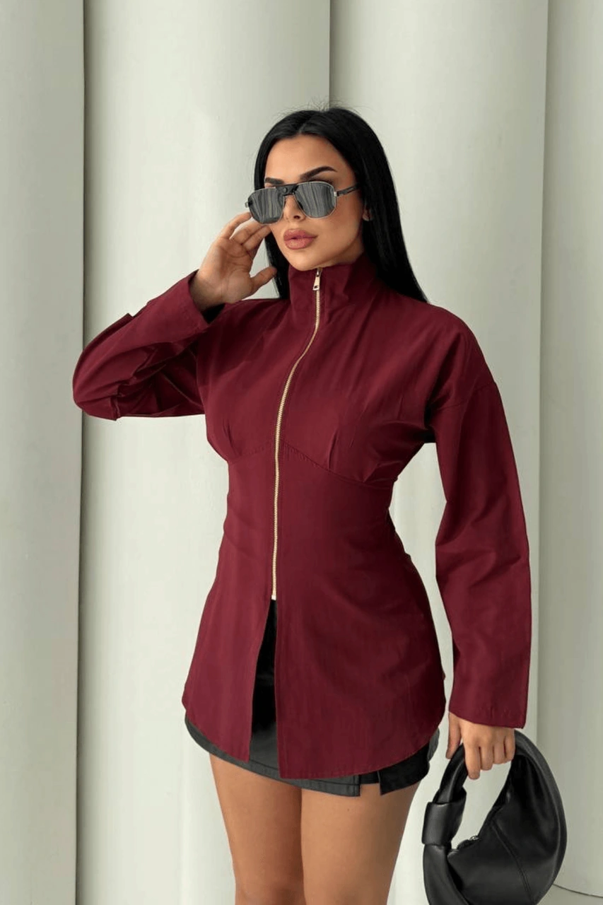 Kadın V Yaka Fermuarlı Gömlek Bordo