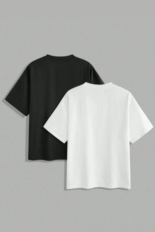2 Adet Siyah Ve Beyaz Renk Bisiklet Yaka Oversize Tişört SIYAH