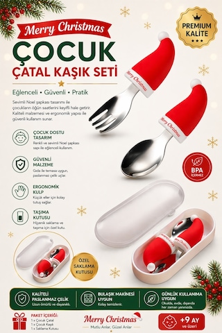Noel Figürlü Premium Çocuk Bpa'sız Silikon Saplı Paslanmaz Çelik Uçlu Çatal-kaşık/saklama Kutusu