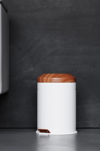 Zift Unique Paslanmaz Çelik Ahşap Kapak Desenli Vintage Çöp Kovası 5l Amortisör Yavaş Kapak Banyo-mutfak Kovalı Beyaz