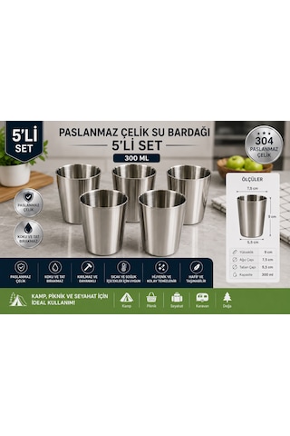 Taşdemir 5'li Paslanmaz Çelik Bardak Seti Metal Kupa Bardak Kamp Piknik Ev Kullanımı Gümüş