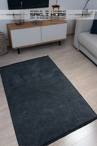 Antrasit Şönil Kilim Salon Oturma Çocuk Odası Hasır Yıkanabilir Yolluk Kaymaz Taban Halı Siyah Antrasit