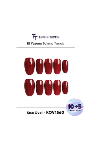 15'li Kırmızı Kısa Oval Kov1560 Tekrar Kullanılabilir El Yapımı Protez Takma Tırnak S