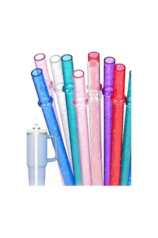 4'lü Halkalı Simli Tritan Pipet Seti + Temizleme Fırçası - 40oz Stanley Quencher Uyumlu Karışık/çok Renkli
