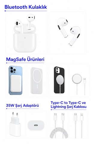 Sbz Apple iPhone Uyumlu Tam Takım Set 6 Parça - Bluetooth Kulaklık - Magsafe Powerbank - Magsafe Şarj Aleti - 35w Usb-c Hızlı Şarj Adaptörü - Usb-c To Lightning Ve Type-c To Type-c Hızlı Şarj Kablosu