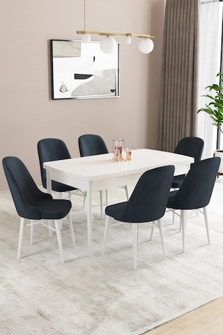 Sar Pakete Almira Serisi, Beyaz 80x132 Açılabilir Mdf Mutfak Masası Takımı 6 Adet Sandalye Antrasit