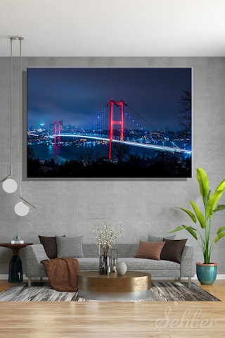 Yatay Tekli Kanvas Tablo Modern Ev Kafe Ofis Gece 15 Temmuz Şehitler Köprüsü Manzara 2324