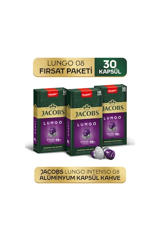 Jacobs Lungo 8 Intenso Nespresso Uyumlu Alüminyum Kapsül Kahve 10 Adet X 3 Paket Kapsül Kahve