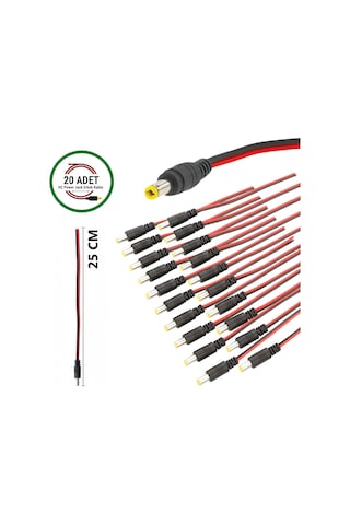 20 Adet Dc Power Jack Kablosu 25 Cm Düz Erkek Çoklu Set Kamera Modem Led Adaptör Güç Bağlantı Kablosu