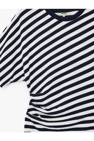 Koton Kısa Kollu Bisiklet Yaka Drape Detaylı Çizgili Midi Elbise Beyaz Çizgili 6sak80052uk Beyaz