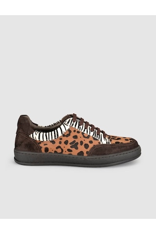 Leopar Desenli Süet Deri Kadın Sneaker Ayakkabı Kahverengi