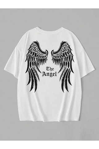 Primemagazam Kadın Kısa Kol Tişört Bisiklet Yaka Angel Melek Kanadı Baskılı T-shirt - Beyaz Çeşitli