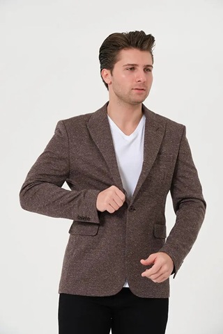 Bonesti Erkek Slim Fit Blazer Ceket Kahverengi Kırçıllı