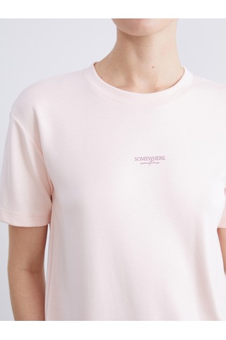 Lcw Comfort Pembe Bisiklet Yaka Baskılı Kadın Tişört