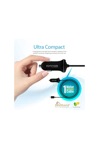 Promate iPhone Lightning Araç Çakmak Şarj Cihazı MFI Onaylı Siyah