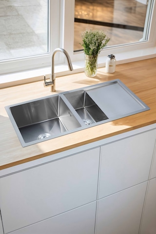 Özlem Serisi %100 Krom 95x45 İki Göz Paslanmaz Mutfak Eviyesi, Mutfak Lavabosu Sifon Dahil Silver