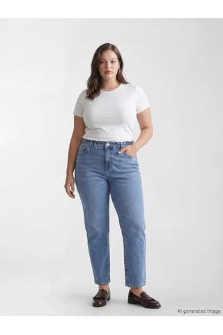 Lcw Comfort İndigo Beli Lastikli Mom Fit Kadın Jean Pantolon