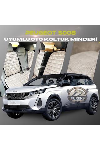 Peugeot 5008 Bej Renk Tay Tüyü Cepli & Terletmez Sırtlı Oto Koltuk Minder Seti - Koltuk Koruma Kılıfı Ön & Arka Tam Set
