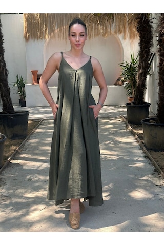 Yazlık Keten Askılı Oversize Elbise Yeşil