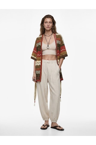 Koton Pointelle Örgü Kısa Kollu Kemerli Desenli Oversize Kimono Hırka Haki Desenli 6sak30075ek