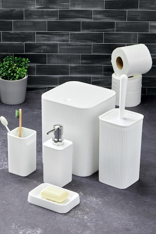 Line 5 Parça Kare Banyo Seti - Çöp Kovası Wc Fırçası Sıvı-katı Sabunluk Diş Fırçası Beyaz