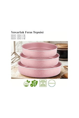 3lü Granit Yuvarlak Fırın Tepsisi Seti - Pembe Çok Renkli