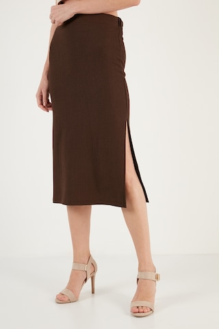 Lela Yüksek Bel Yırtmaçlı Dar Kesim Midi Bayan Etek 5865600 Kahve