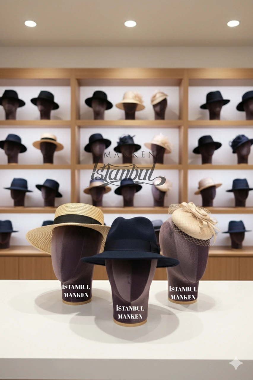 Kumaş Kaplı Polyester Kafa Mankeni Aksesuar Mankeni Şapka Mankeni Peruk Mankeni 0012