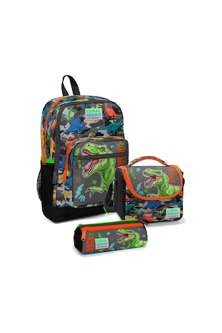 Coral High İlkokul Çantası Seti Gri Yeşil Dinazor - Erkek Çocuk