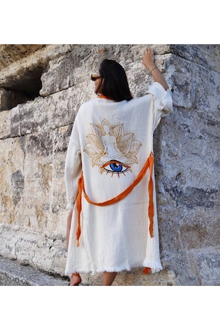 Befera Müslin Kimono Pamuklu Yoga Meditasyon Baskılı Desenli Bornoz Kaftan Sabahlık Ekru