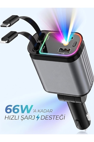 Tr 66w 5in1 Araç İçi Çakmaklık Hızlı Şarj Aleti, Tavan Aydınlatmalı, Çift Makaralı Kablo Type-c & Lightning