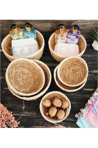 Nergis Hasır 7 Li Sepet Saklama Kutusu Sepet Takımı Krem