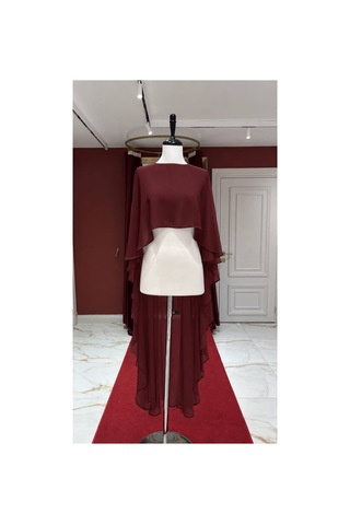 Ezni Atelier Bordo Şifon Abiye Pelerini 140 Cm Transparan Abiye Pelerini Uzun Abiye Pelerini Zarif Düğün Pelerini Bordo Bordo