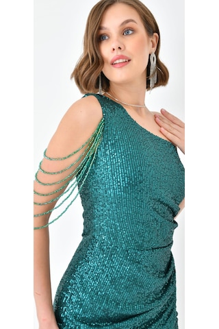 Hanife Glam Couture Hanife Glam Tek Omuz Taş Tasarımlı Mini Pulpayet Elbise Zümrüt
