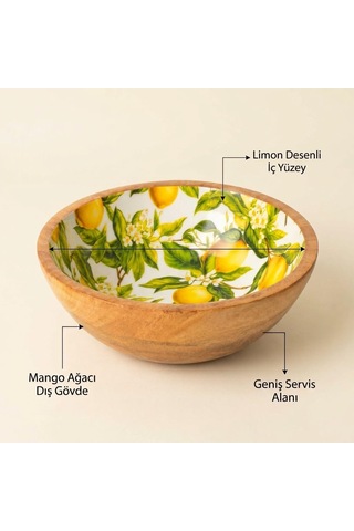 Tr Mango Ağacı Kase 20 Cm, Limon Desenli İç Yüzey, 7 Cm Yükseklik, Geniş Servis Alanlı Ahşap Sunum Kasesi, Kahv