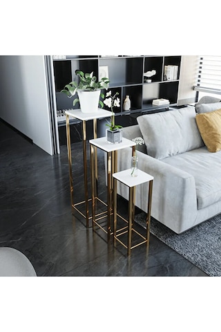 Dekoratif Saksılık 3lü Saksı Standı Gold Ayak Çok Amaçlı Metal Gold Ayaklı Yan Sehpa Saksılık Beyaz