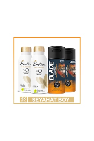 Emotion Gold Bliss Kadın Deodorant & Blade Night Fire Erkek Deodorant 4x90 Ml Seyahat Seti