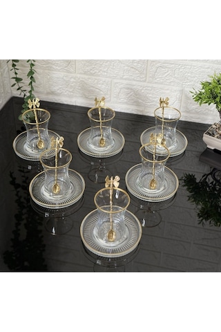 Çeyizci Çarşı 18 Parça Çay Seti Gold Kelebek Çay Kaşıklı 6 Bardak 6 Tabak 6 Kaşık Gold