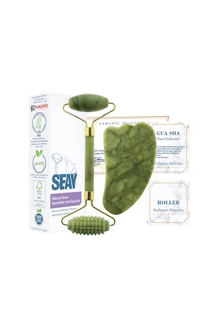 Seay Tırtıklı Yeşim Taşı Face Roller + Yeşim Melek Kanadı Gua Sha