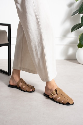 Stwenn Kadın Tokalı Örgü Bantlı Günlük Terlik Rahat Taban Şık Yazlık Düz Taban Konforlu Terlik Taba